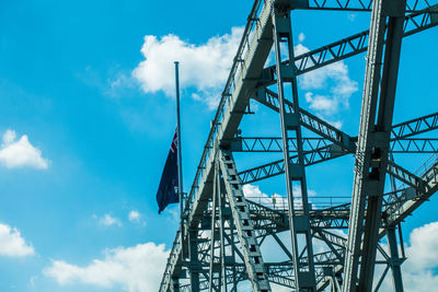 Low angle view of bridge against blue sky