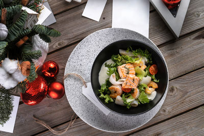 High angle view of food in plate on table