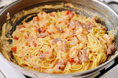 Close-up of noodles served in bowl