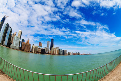 Panoramic view of sea and buildings against sky