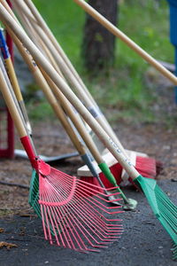 Close-up of rakes on the ground