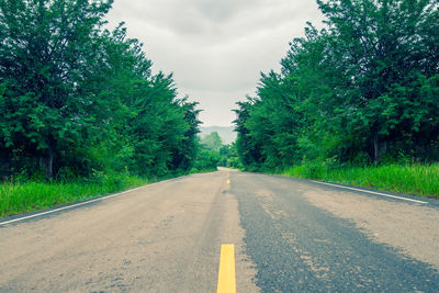 Empty road amidst trees against sky