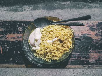 High angle view of food in bowl on table