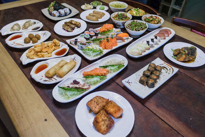 High angle view of meal served on table