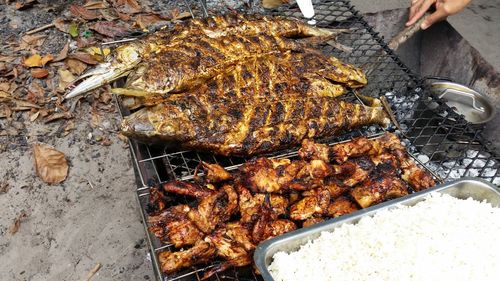 High angle view of food on barbecue grill