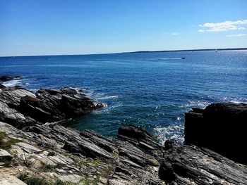 Scenic view of sea against clear blue sky