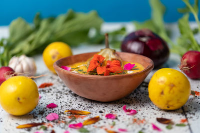 Close-up of fruits in bowl on table