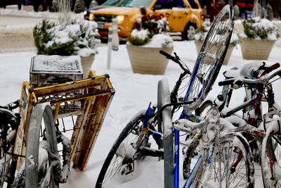 Close-up of bicycle during winter