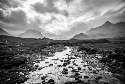 Scenic view of mountains against cloudy sky