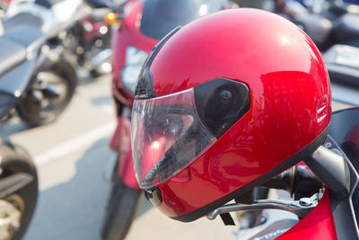 Close-up of helmet on motorcycle