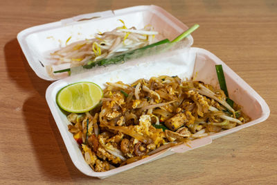 High angle view of food in plate on table