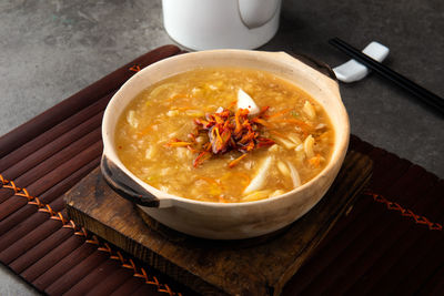 High angle view of soup in bowl on table