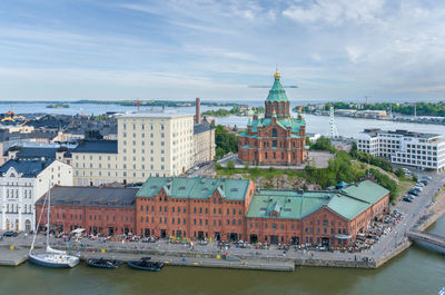 Uspenski cathedral in helsinki, finland. drone point of view. it is an eastern orthodox cathedral