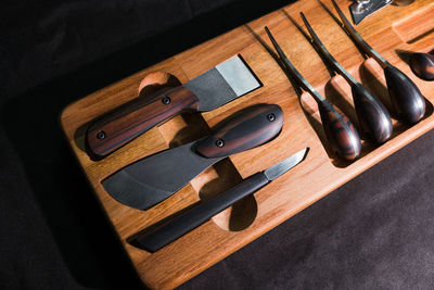 High angle view of work tools on table