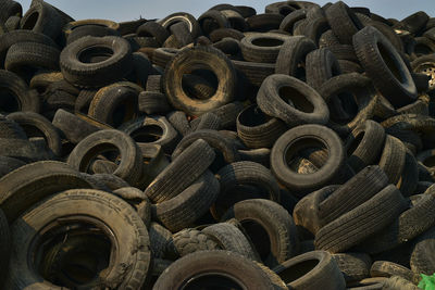 Full frame shot of abandoned tires at junkyard