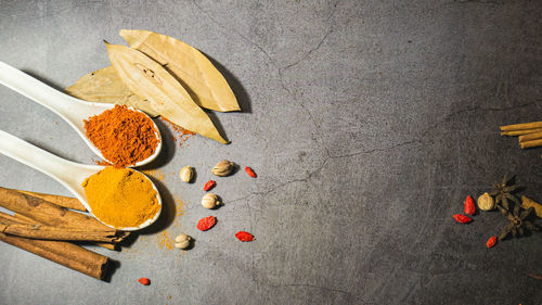 High angle view of chili peppers on table