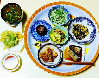 High angle view of food served on table