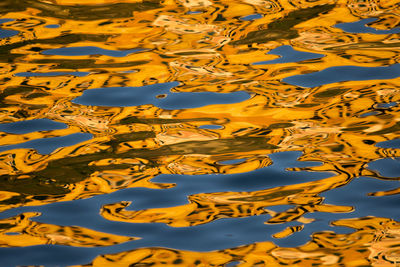 High angle view of yellow reflection in lake against sky