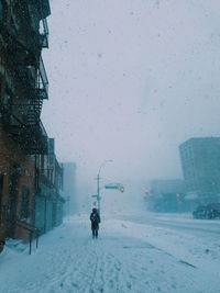 Rear view of person walking on sidewalk in city during blizzard