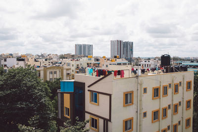 High angle view of buildings against sky