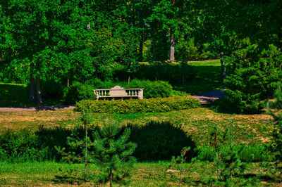 House amidst trees and plants on field