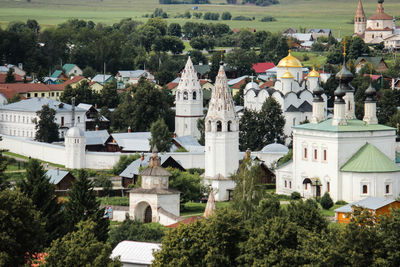 High angle view of buildings in town