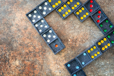 High angle view of colorful dominos
