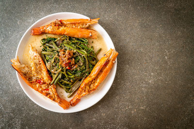 High angle view of food in plate on table