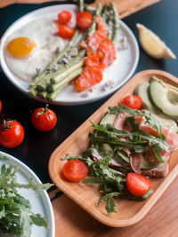 High angle view of breakfast served on table