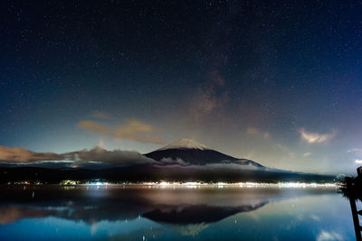 Scenic view of lake and mountains against sky at night