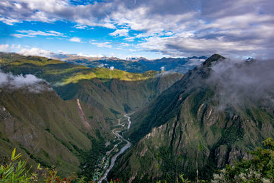 Scenic view of mountains against cloudy sky