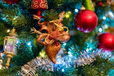 Close-up of christmas decorations hanging on tree