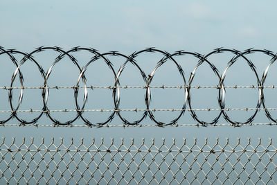 Razor wire attached to top of a chain link fence for added protection and safety. 