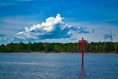 Scenic view of lake against blue sky