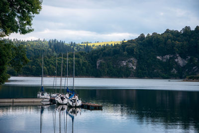 A beautiful bay on lake czorsztyn. a view of a small yacht marina. rocky cliff and sunlit meadow 