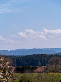 Scenic view of landscape and houses against sky
