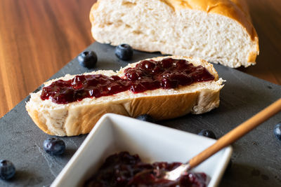 Close-up of breakfast served on table