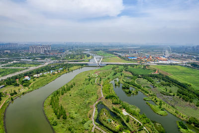 High angle view of cityscape against sky