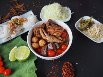 High angle view of meal served on table