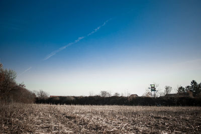 Scenic view of field against clear blue sky