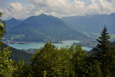 Scenic view of lake and mountains against sky