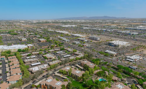 High angle view of townscape against clear sky