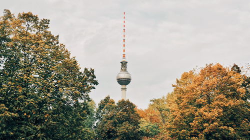 Trees and tower against sky