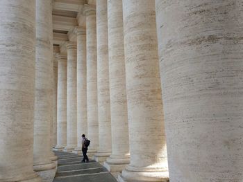 Rear view of man walking in colonnade