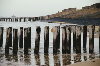 Wooden groynes on shore at sea against sky