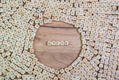 High angle view of wooden letter toy blocks on table