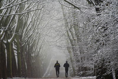 Rear view of people running on road amidst bare trees during winter