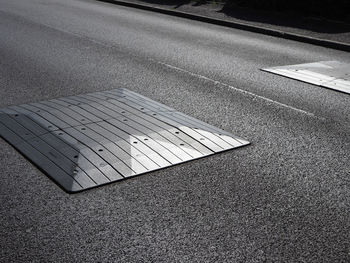 High angle view of zebra crossing on road