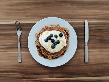 High angle view of breakfast served on table