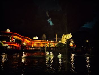 Illuminated fountain at night